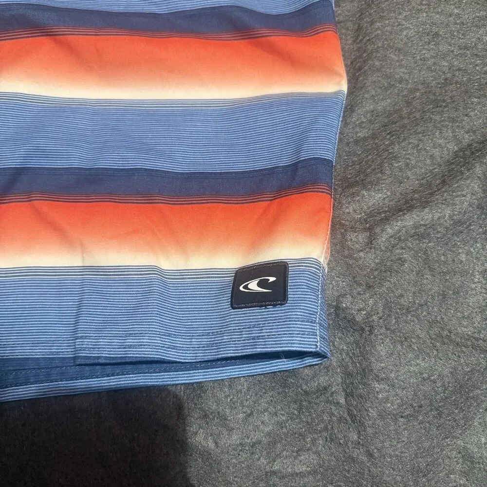 ONeill Mens Swim Trunks Shorts Size 40 Blue Orange Swimwear Striped Pocket